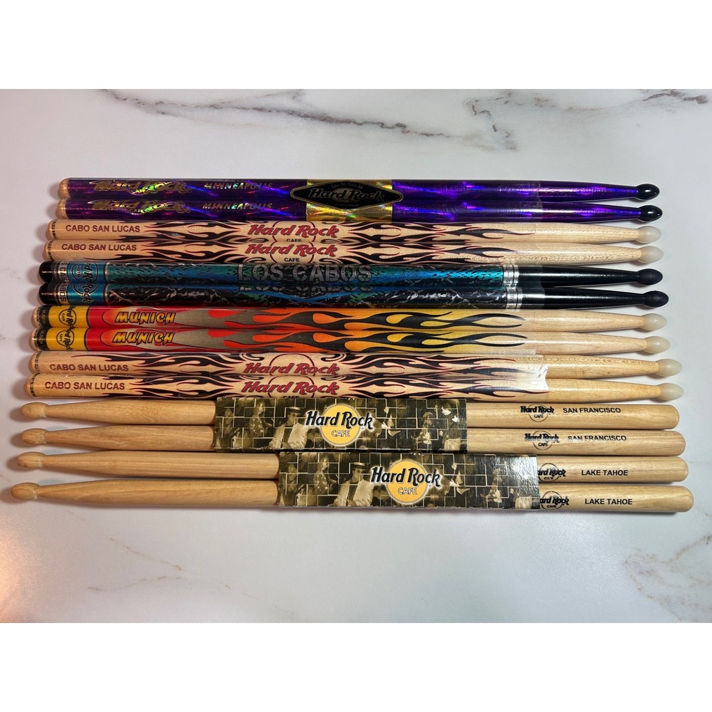 Hard Rock Cafe Souvenir Drumsticks Lot of 7 Pairs Minneapolis Cabo Munich Tahoe